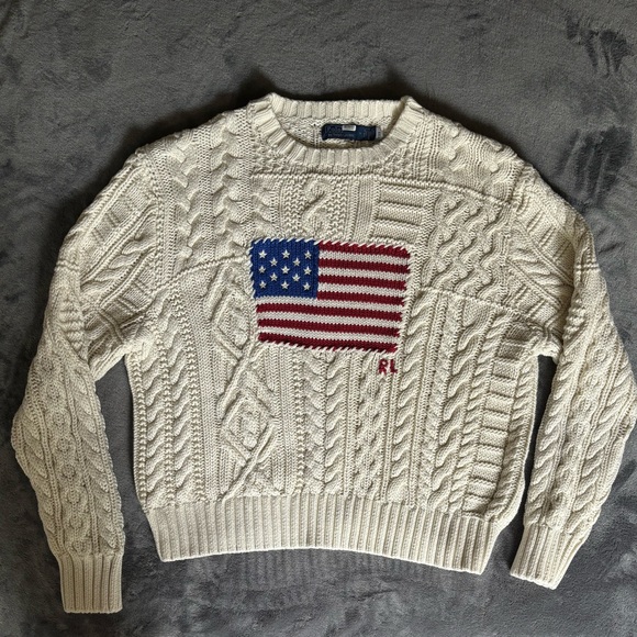Po Ralph Lauren Aran Knit Flag Cotton Cream Sweater M - Picture 2 of 3